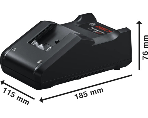 Încărcător de baterii Bosch cu dimensiunile 115 mm x 185 mm x 76 mm