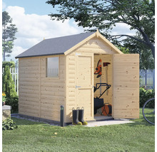 Cabină de grădină din lemn cu uși deschise și unelte de grădinărit în interior