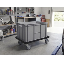 Recipient de depozitare gri pe o placă cu rotile într-un atelier.