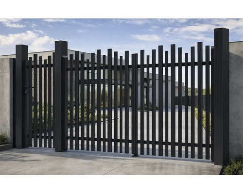 Poartă de acces modernă din metal cu două aripi, cu portiță pietonală asortată și bare verticale de înălțimi neregulate.