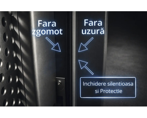 Vedere detaliată a unui mecanism de închidere silențioasă la un dulap metalic pentru funcționare fără zgomot și protecție împotriva uzurii.