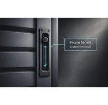 Vedere detaliată a unui sistem de fixare invizibil pentru garduri metalice, cu mecanism de reglare verticală pentru montaj ferm.