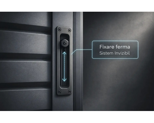 Vedere detaliată a unui sistem de fixare invizibil pentru garduri metalice, cu mecanism de reglare verticală pentru montaj ferm.