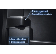 Detaliu al unei balamale de ușă cu text despre funcționare fără zgomot, durabilitate maximă, deschidere lină și design ascuns.