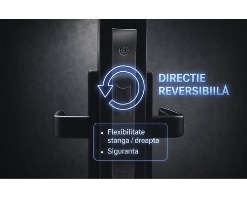 Încuietoare de poartă cu direcție reversibilă, flexibilitate stânga sau dreapta și siguranță sporită.