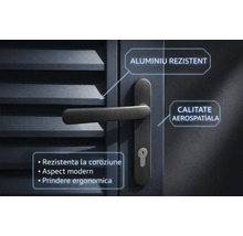 Mâner de ușă din aluminiu rezistent cu design modern, prindere ergonomică, rezistență la coroziune și calitate aerospațială.