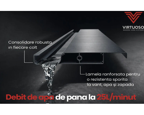 Profil de lamelă ranforsat Virtuoso cu un debit de apă de până la 25 litri pe minut. Logo Virtuoso.