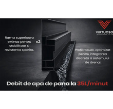 Logo Virtuoso Modern Home System. Profil de ușă cu sistem de drenaj, debit 35 litri pe minut, ramă extinsă pentru stabilitate și rezistență sporită.