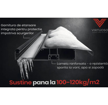Secțiune transversală a unui profil ranforsat Virtuoso Modern Home Systems cu garnitură integrată, rezistent la 120 kilograme pe metru pătrat.