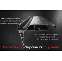 Secțiune transversală profil cu garnitură integrată, lamelă ranforsată și debit de apă de până la 35 litri pe minut.