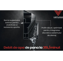 Secțiune profil Virtuoso cu apă curgând prin sistemul de drenaj, ramă extinsă și debit de apă de până la 35 litri pe minut.
