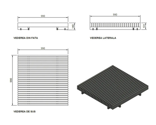 Desen tehnic al unui grătar din lemn pătrat, dimensiuni 990 pe 990 milimetri, vedere din față, laterală, de sus și perspectivă 3D.