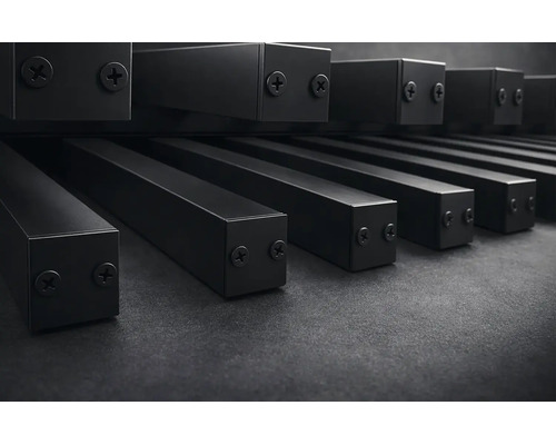 Mai multe profiluri metalice rectangulare negre cu capace de capăt și șuruburi în cruce.