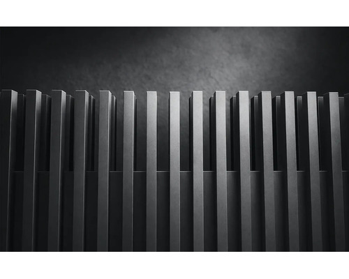 Detaliu al unui radiator design modern cu lamele dreptunghiulare verticale și suprafață mată.