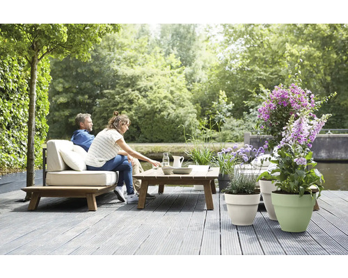 Terasă de grădină luminoasă cu podea din lemn, canapea lounge cu perne, masă din lemn și diverse plante în ghivece lângă apă.