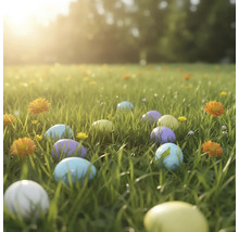 Ouă de Paște colorate împrăștiate pe o pajiște verde însorită, cu flori mici.