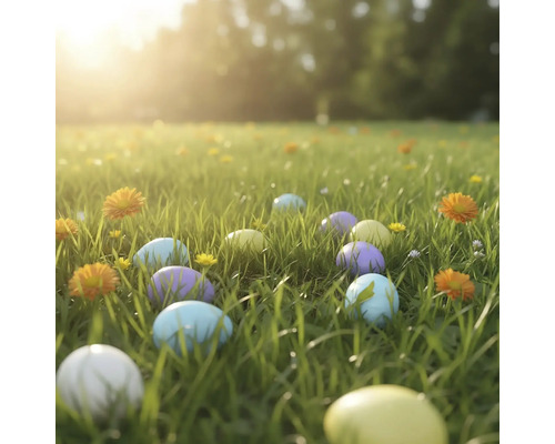 Ouă de Paște colorate împrăștiate pe o pajiște verde însorită, cu flori mici.