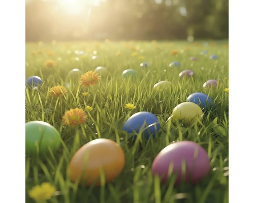 Ouă de Paște colorate în iarbă pe o pajiște cu flori galbene în lumină puternică.