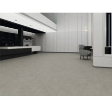 Interior spațios și modern, cu pardoseală gri de dimensiuni mari, pereți albi cu panouri și design minimalist.