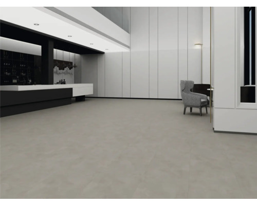 Interior spațios și modern, cu pardoseală gri de dimensiuni mari, pereți albi cu panouri și design minimalist.