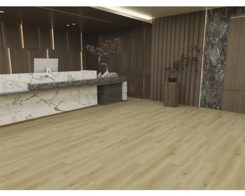 Zonă de recepție modernă cu pardoseală deschisă cu aspect de lemn, tejghea de marmură și panouri de perete din lemn închis.