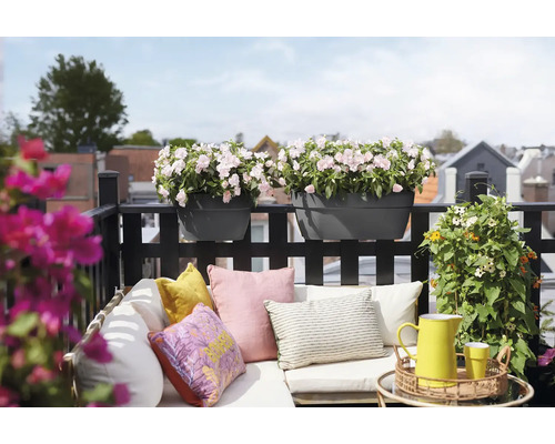 Balcon amenajat cu canapea de exterior, perne colorate și jardiniere negre pe balustradă cu flori roz deschis.
