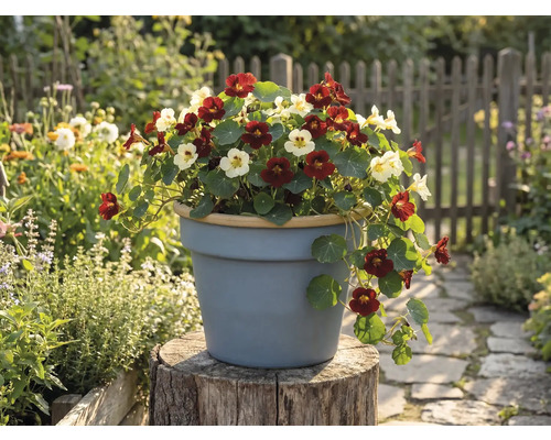 Condurul doamnei în nuanțe de roșu închis și crem, înflorind într-un ghiveci gri pe un butuc de copac într-o grădină luminoasă cu un gard de lemn.