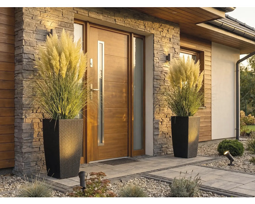 Intrare modernă în casă cu ușă din lemn, placare cu piatră și două ghivece înalte cu aspect de ratan și iarbă de pampas.