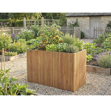 Strat înălțat din șipci de lemn cu roșii și ierburi aromatice într-o grădină luminoasă și organizată cu alei de pietriș.