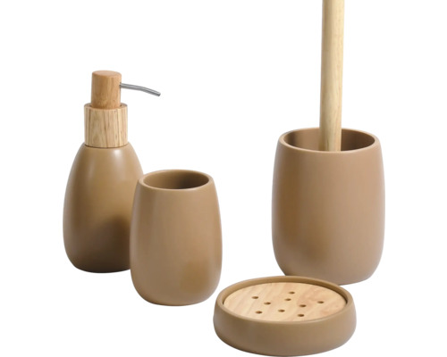 Set accesorii baie bej din ceramică cu dozator săpun, pahar, suport perie toaletă și savonieră cu detalii din lemn.