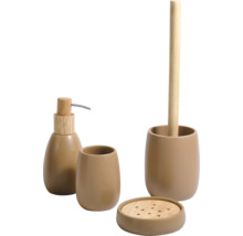 Set pentru baie cu dozator de săpun, pahar, savonieră și perie de toaletă din ceramică cu elemente din lemn.