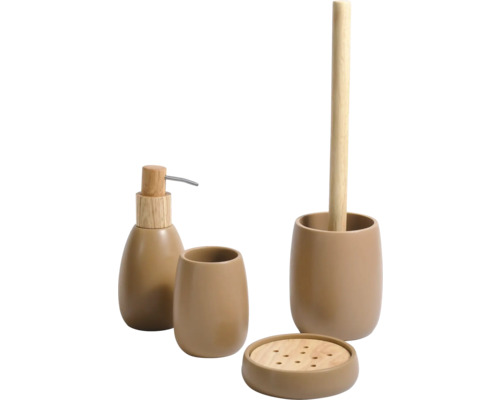 Set pentru baie cu dozator de săpun, pahar, savonieră și perie de toaletă din ceramică cu elemente din lemn.