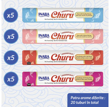 Gustări pentru pisici Inaba Churu, pachet cu 20 de tuburi în patru arome: ton cu scoici, somon, crab și creveți.