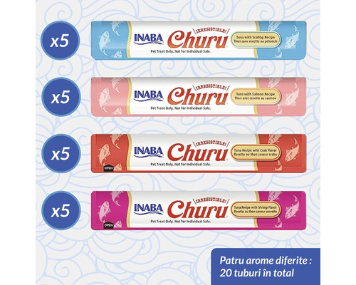 Gustări pentru pisici Inaba Churu, pachet cu 20 de tuburi în patru arome: ton cu scoici, somon, crab și creveți.