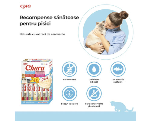 Logo Ciao. Ciao Churu, 20 tuburi. Fără cereale, umiditate ridicată, ton sălbatic, scăzut în calorii, fără conservanți.