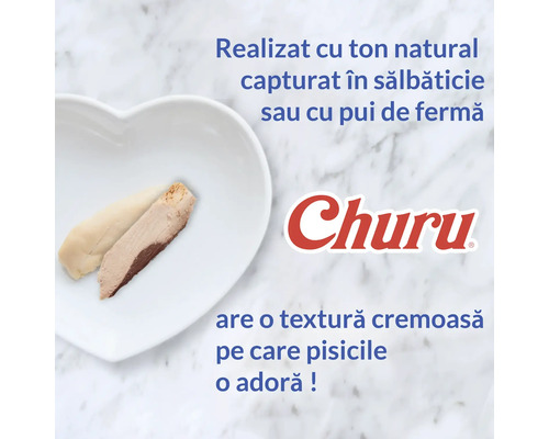 Churu Logo, gustare pentru pisici din ton sălbatic sau pui cu textură cremoasă într-un bol în formă de inimă.