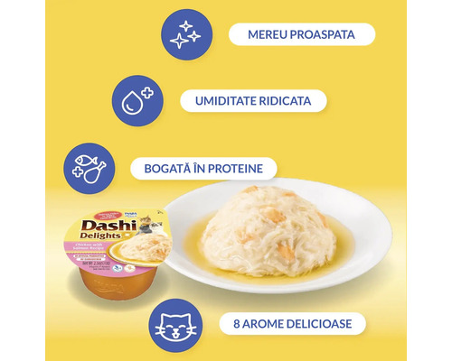 Hrană pentru pisici Inaba Dashi Delights cu pui și somon, servită pe farfurie, umiditate ridicată, bogată în proteine, disponibilă în opt arome.