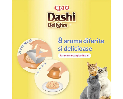 CIAO Logo, hrană pentru pisici CIAO Dashi Delights cu 8 arome, fără conservanți artificiali, ilustrații pentru deschidere și servire ușoară.