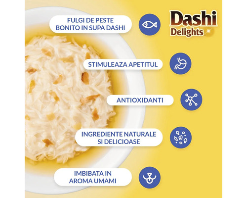 Logo Dashi Delights, hrană pentru pisici în supă dashi cu fulgi de pește bonito, stimulează apetitul, antioxidanți, ingrediente naturale și aromă umami.