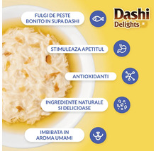 Logo Dashi Delights, hrană pentru pisici în supă dashi cu fulgi de pește bonito, stimulează apetitul, antioxidanți, ingrediente naturale și aromă umami.