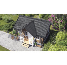 Căsuță de grădină tradițională din lemn cu acoperiș din țiglă închisă la culoare, verandă și ferestre albe într-o grădină luminoasă.