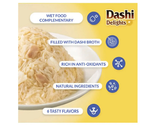 Hrană umedă complementară Dashi Delights cu bulion dashi, antioxidanți și ingrediente naturale în șase arome. Logo Dashi Delights.