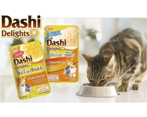 Dashi Delights Logo, pliculețe cu hrană pentru pisici Ciao Dashi Delights Silky Broth și Delicate Flakes cu pui și o pisică care mănâncă din bol.