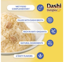 Logo Dashi Delights, hrană umedă complementară pentru pisici cu supă dashi, antioxidanți, ingrediente naturale și șase arome.
