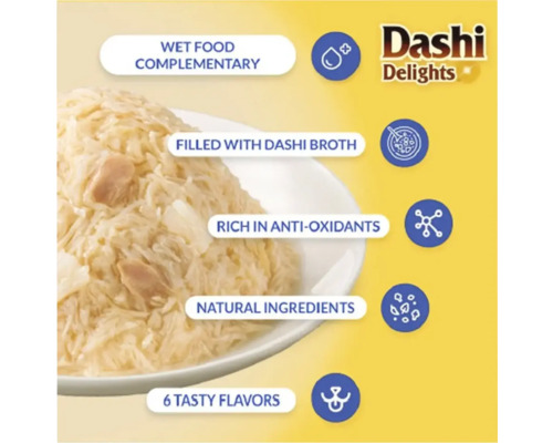 Logo Dashi Delights, hrană umedă complementară pentru pisici cu supă dashi, antioxidanți, ingrediente naturale și șase arome.