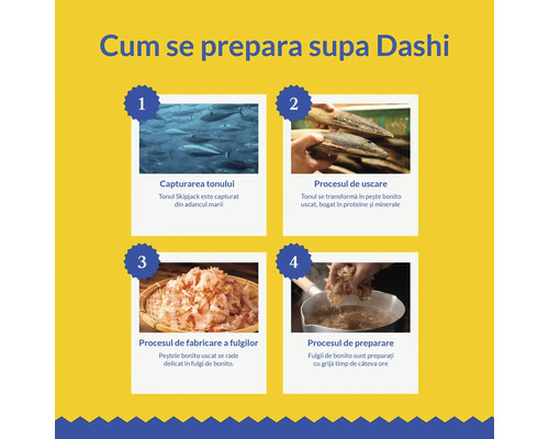 Infografic pentru prepararea supei Dashi: capturarea tonului, uscarea ca pește bonito, raderea în fulgi și fierberea supei.