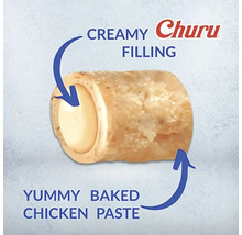 Churu Logo. Secțiune transversală a unei recompense pentru animale cu pastă de pui coaptă și umplutură cremoasă.