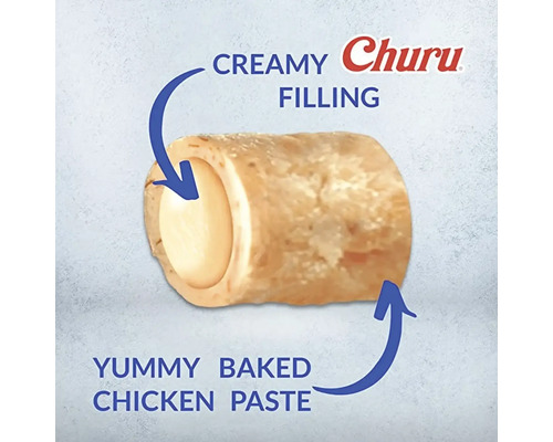 Churu Logo. Secțiune transversală a unei recompense pentru animale cu pastă de pui coaptă și umplutură cremoasă.