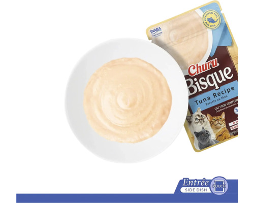 Supă cremă pentru pisici cu ton într-un bol lângă un plic Inaba Churu Bisque.