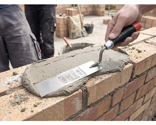 O mână aplică mortar pe un zid de cărămidă cu o mistrie de zidar pe un șantier.